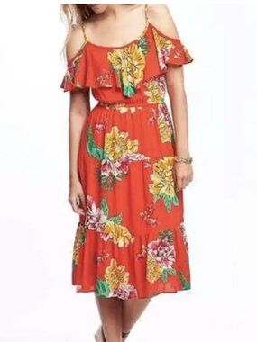 Old Navy Orange Tropical Floral Cold Shoulder Ruffle Midi Dress Size Small NWT